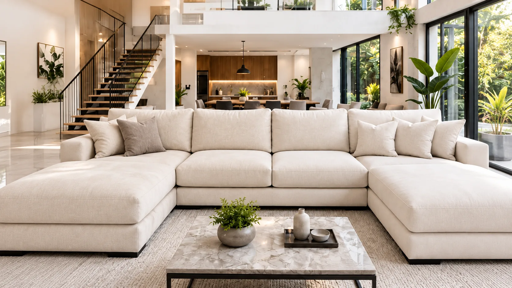 Sofa terang dengan bantal di ruang keluarga